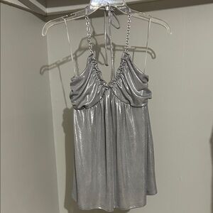 Express Silver Metallic Halter Chain Strap Blouse